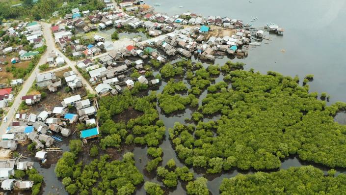 Pueblo a orillas del agua rodeado de manglares a la derecha y a la izquierda de la imagen