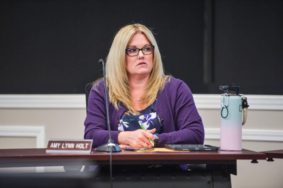 Amy Lynn Holt, vice chairperson of the Henderson County Board of Public Education, speaks during the board's emergency meeting on Nov. 22.