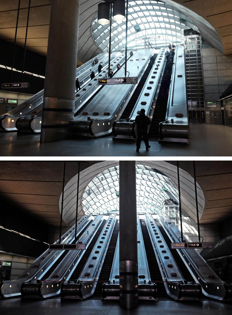 A composite image of London's Canary Wharf Station on 17/03/20 (top), and on Tuesday 24/03/20 (bottom), the day after Prime Minister Boris Johnson put the UK in lockdown to help curb the spread of the coronavirus.