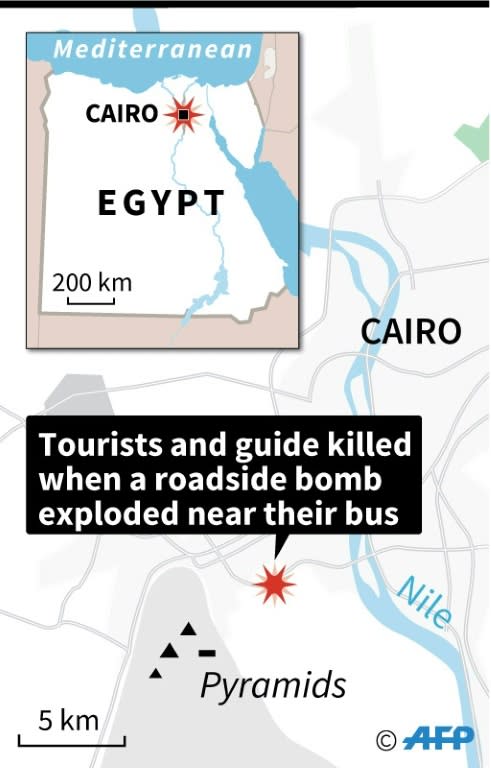 Map locating the explosion Friday of a roadside bomb which hit a tourist bus as it travelled close to the Giza pyramids outside Cairo