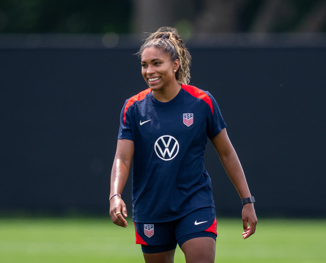 PISCATAWAY, NJ - JULY 9: Catarina Macario of the United States warms up during USWNT training at Miller Family Soccer Complex on July 9, 2024 in Piscataway, New Jersey. (Photo by Brad Smith/ISI Photos/USSF/Getty Images for USSF)