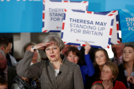 Britain's Prime Minister Theresa May speaks at an election campaign rally near Aberdeen in Scotland, Britain April 29, 2017. REUTERS/Russell Cheyne