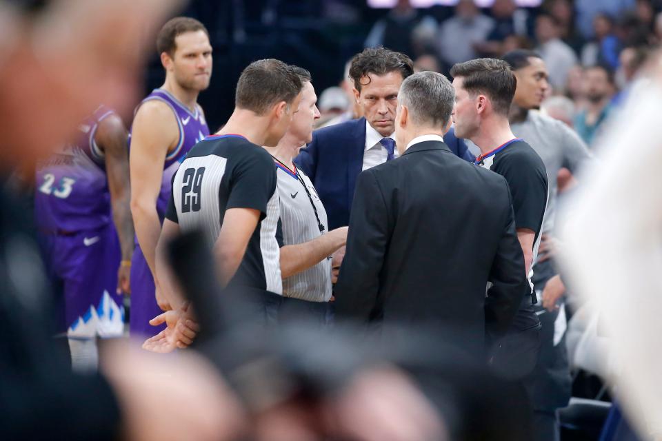 Jazz coach Quin Snyder and former Thunder coach Billy Donovan met with the officials after Donnie Strack and Rob Hennigan ran onto the court on March 11, 2020.