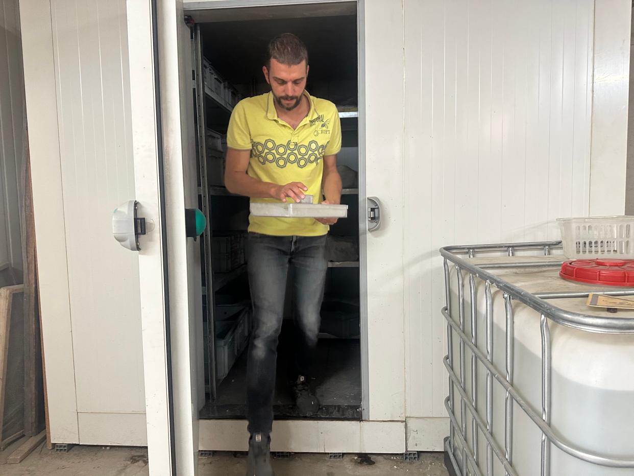 man in yellow shirt and jeans steps out of a large white shed with shelves inside carrying a small plastic box