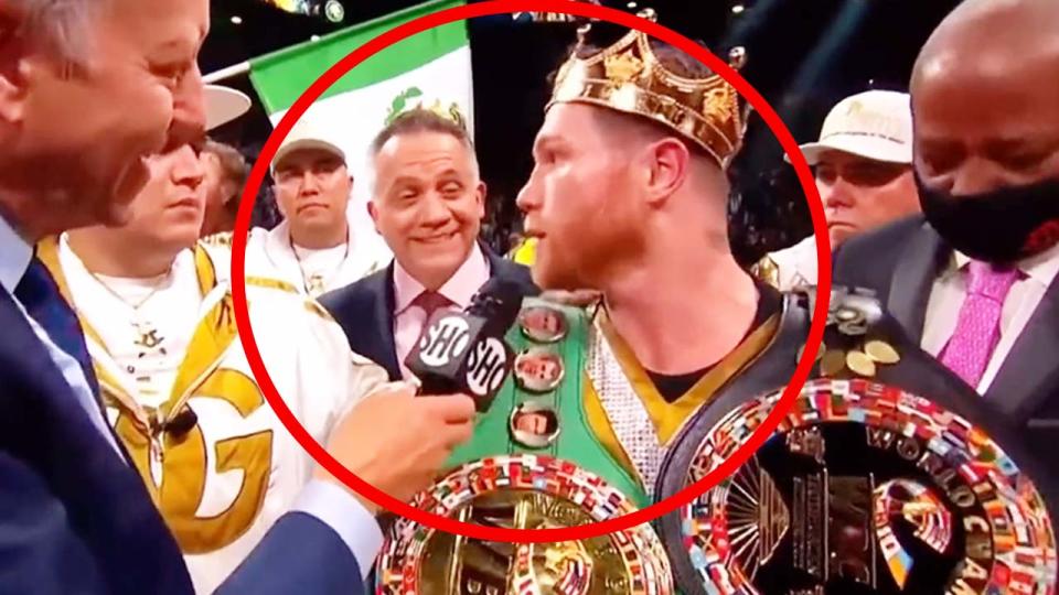 Canelo Alvarez (pictured right) asking the translator to finish his quote.