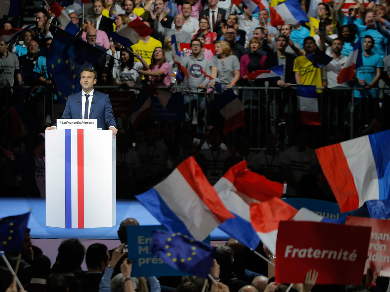 Presidential candidate Emmanuel Macron speaking at a rally in Lyon: AP