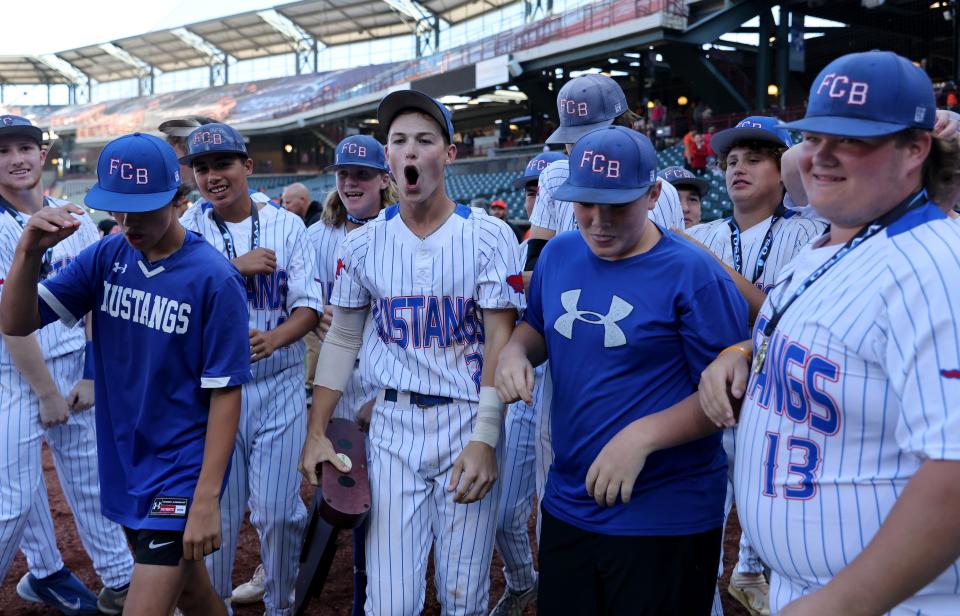 Fort Cobb-Broxton's Eli Wilits celebrates following the Class B baseball state championship game between Calumet and Fort Cobb-Broxton at the Chickasaw Bricktown Ballpark in Oklahoma City, Saturday, Oct. 7, 2023.