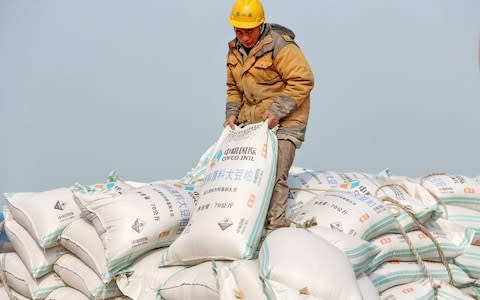 A Chinese worker carries a bag of soybean meal at a port in Nantong in China's eastern Jiangsu province on March 22, 2018  - Credit: AFP