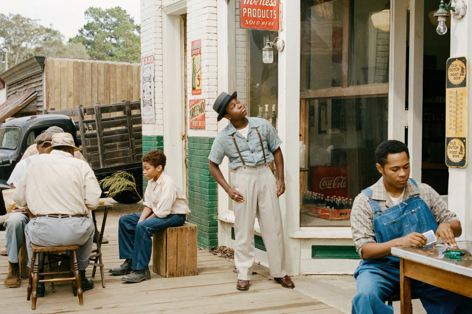 Jalyn Hall as Emmett Till, standing outside the Bryants' store in Money, Miss.<span class="copyright">Andre D. Wagner —Orion Pictures</span>