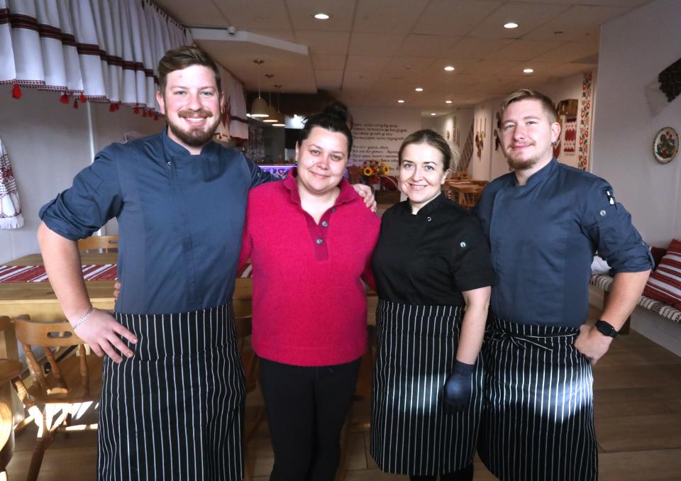 Owner Ivanka Dashko, second from left, with the staff at Corner of Ukraine in Nyack, Dec. 12, 2023. Vitali Duelan, left, Dashko, Natalia Dubyna and Maksm Kantsir.