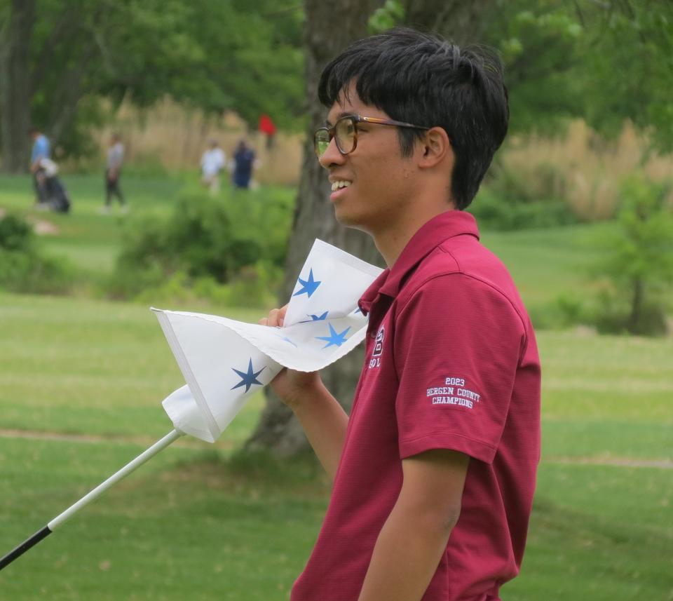 Don Bosco senior Stephen Viray was all smiles, seconds after shooting the best score at the Bergen County Odell Nassar Golf Team Championship at Soldier Hill GC in Emerson on Thursday, May 9, 2024.