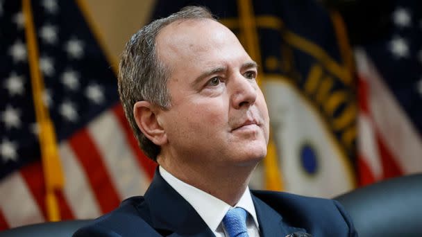 PHOTO: In this June 9, 2022, file photo, Rep. Adam Schiff listens during a hearing of the Select Committee to Investigate the January 6th Attack on the US Capitol, in Washington, D.C. (Bloomberg via Getty Images, FILE)