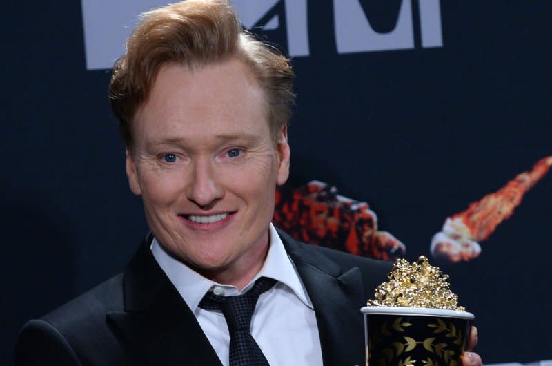 Host Conan O'Brien appears backstage at the MTV Movie Awards at Nokia Theatre L.A. Live in Los Angeles in 2014. File Photo by Jim Ruymen/UPI