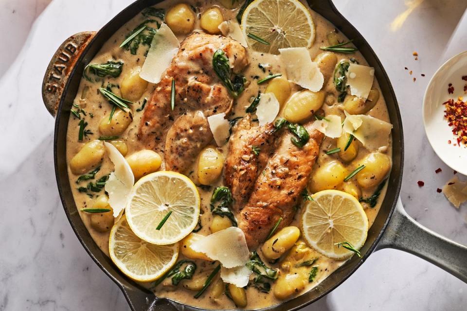 <p>A decadent pan sauce makes a restaurant-quality meal out of boneless chicken breasts and store-bought gnocchi in this deceptively easy recipe. </p><p>Get the <strong><a href="https://www.delish.com/cooking/recipe-ideas/a41093659/one-pan-lemon-parm-chicken-gnocchi-recipe/" rel="nofollow noopener" target="_blank" data-ylk="slk:One-Pan Lemon Parm Chicken Gnocchi recipe;elm:context_link;itc:0;sec:content-canvas" class="link ">One-Pan Lemon Parm Chicken Gnocchi recipe</a> </strong>from Delish. </p>