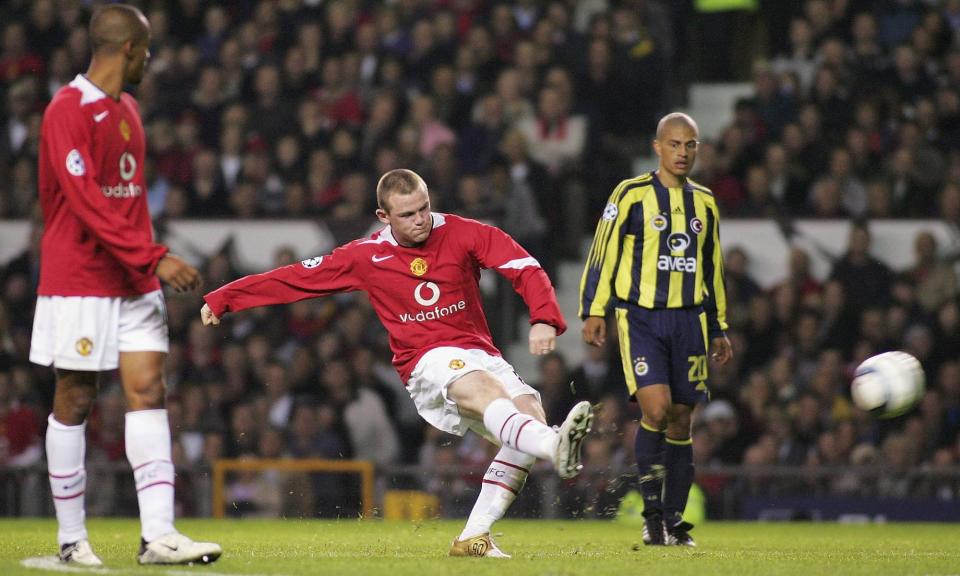 <span>Wayne Rooney curls in a free-kick to complete a hat-trick on his <a class="link " href="https://sports.yahoo.com/soccer/teams/manchester-united/" data-i13n="sec:content-canvas;subsec:anchor_text;elm:context_link" data-ylk="slk:Manchester United;sec:content-canvas;subsec:anchor_text;elm:context_link;itc:0">Manchester United</a> debut on the first of many glory nights at Old Trafford.</span><span>Photograph: Tom Purslow/Manchester United/Getty Images</span>