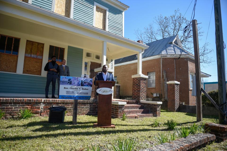 Commissioner for District One Jordan Johnson speaks at the City of Augusta's acquisition ceremony for the Rev. Charles T. Walker house off Laney Walker Boulevard on Wednesday, March 15, 2023.