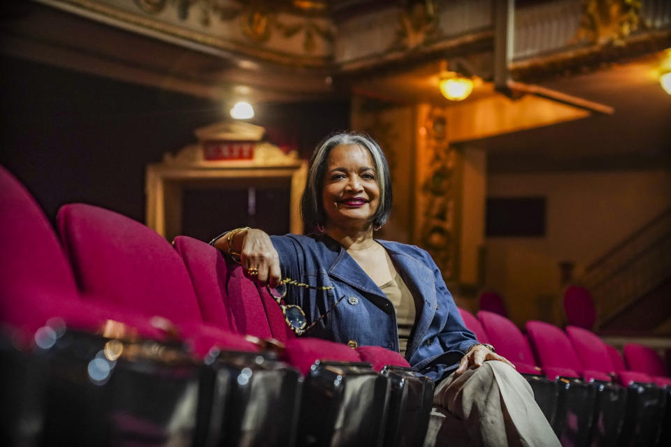 Apollo President and CEO Jonelle Procope, who will be ending her 20-year run leading the organization on June 12, poses inside the Apollo Theatre, Monday June 5, 2023, in New York. Procope has been critical in fundraising for the theater's renovations that have worked to restore it to its former glory. (AP Photo/Bebeto Matthews)