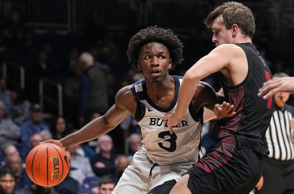 Butler Bulldogs guard Chuck Harris (3) dribbles the ball up the court Tuesday, Nov. 1, 2022, at Hinkle Fieldhouse in Indianapolis. The Butler Bulldogs defeat the Davenport Panthers, 91-55, in the preseason scrimmage. 