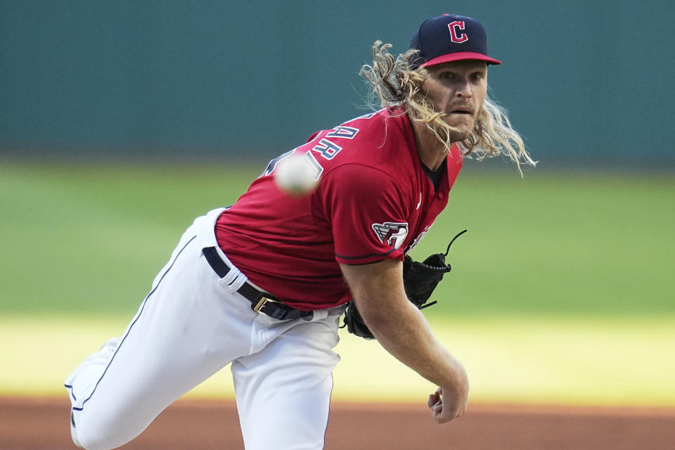 Cleveland Guardians' Noah Syndergaard pitches to a Los Angeles Dodgers batter during the first inning of a baseball game Tuesday, Aug. 22, 2023, in Cleveland. (AP Photo/Sue Ogrocki)