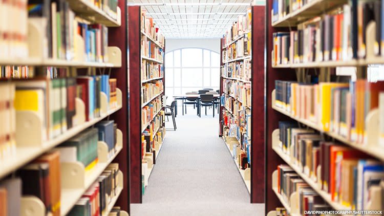 Library shelves.