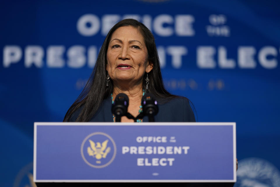 FILE - In this Dec. 20, 2020, file photo the Biden administration's nominee for Secretary of Interior, Rep. Deb Haaland, D-N.M., speaks at The Queen Theater in Wilmington Del. (AP Photo/Carolyn Kaster, File)