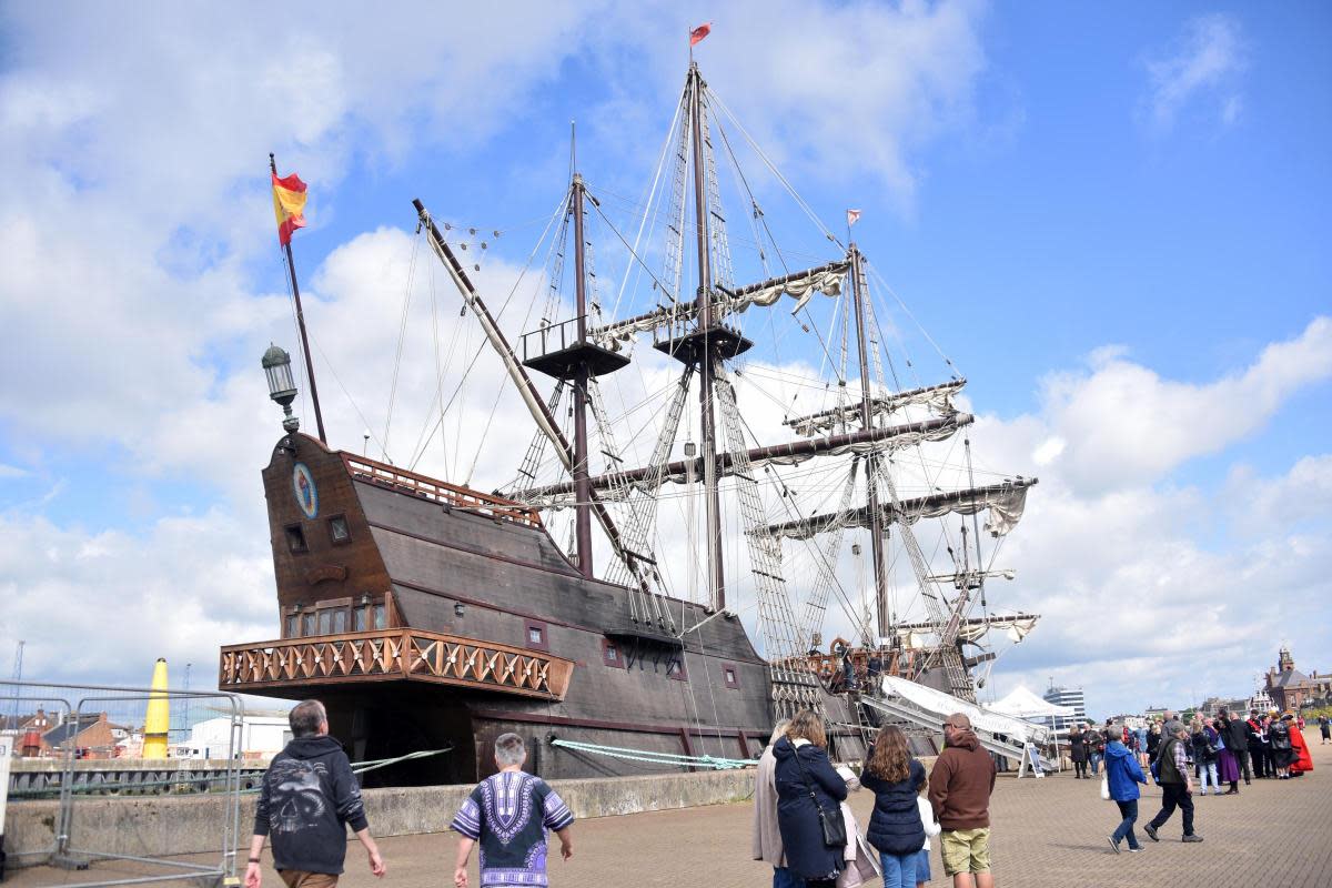 The Galeón Andalucía remains in Great Yarmouth due to poor weather and tides <i>(Image: Denise Bradley)</i>