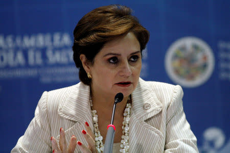 Mexico's Foreign Minister Patricia Espinosa speaks during a news conference at the 41st General Assembly of the Organisation of American States (OAS) in San Salvador June 6, 2011. REUTERS/Luis Galdamez/File Photo