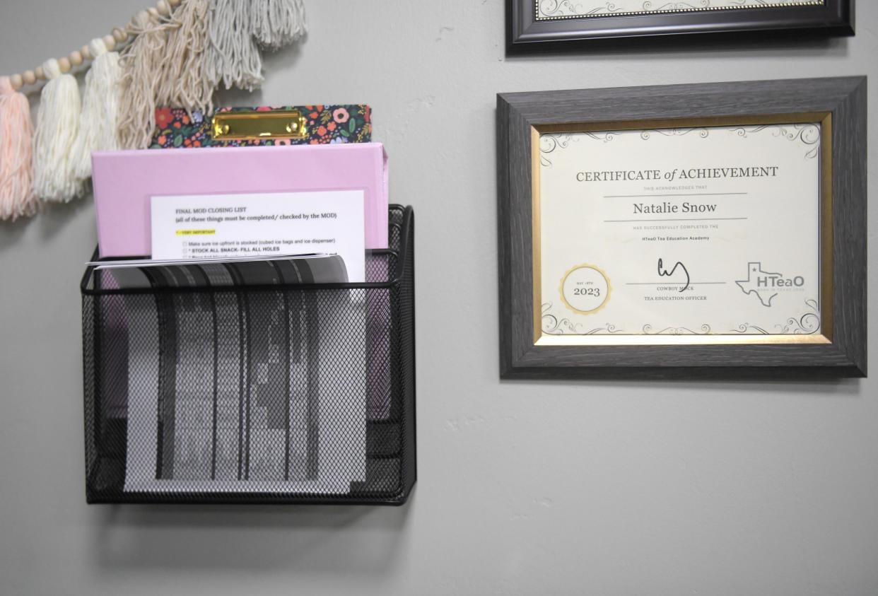 A certificate of achievement is seen at HTeaOs, as seen Wednesday, April 17, 2024.
