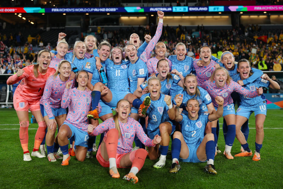 SYDNEY, AUSTRALIA - AUGUST 16: England players celebrate after the team's 3-1 victory and advance to the final following the FIFA Women's World Cup Australia & New Zealand 2023 Semi Final match between Australia and England at Stadium Australia on August 16, 2023 in Sydney, Australia. (Photo by Alex Pantling - FIFA/FIFA via Getty Images)