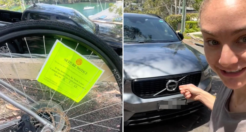 Natasha's bike with the yellow seizure notice from the North Sydney Council on it. Right is Natasha pointing at the car illegally parked in the same area. 