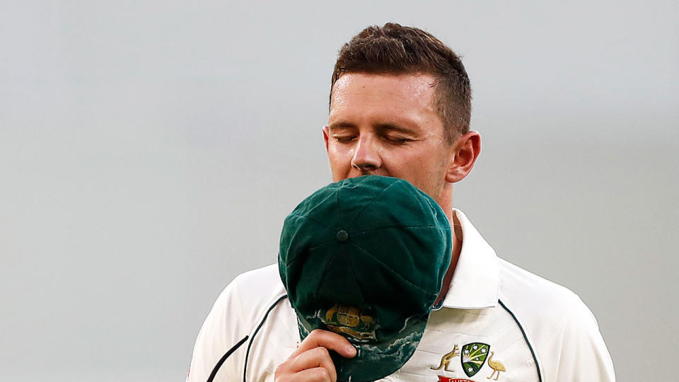 Seen here, Josh Hazlewood suffered a hamstring injury on day two in Perth. 