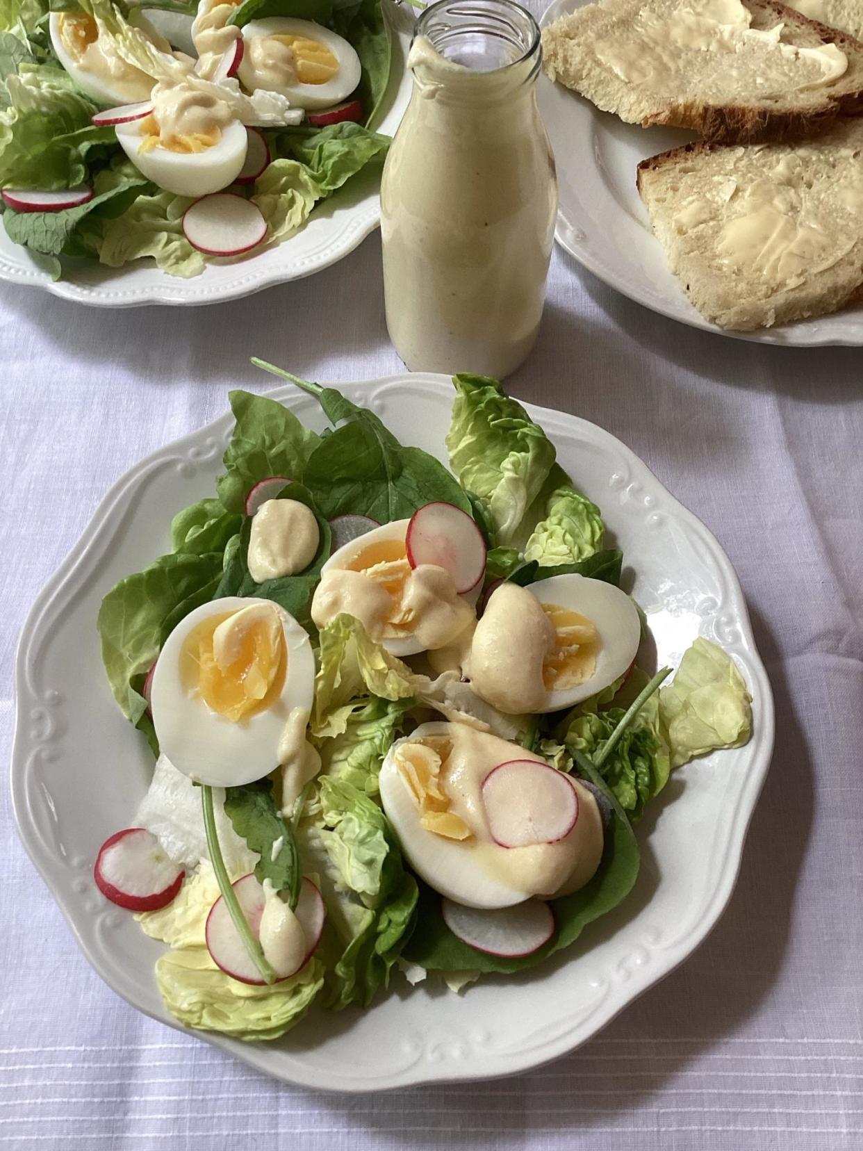 <span>Rachel Roddy’s simple salad of lettuce, radish, egg and homemade salad cream.</span><span>Photograph: Rachel Roddy/The Guardian</span>