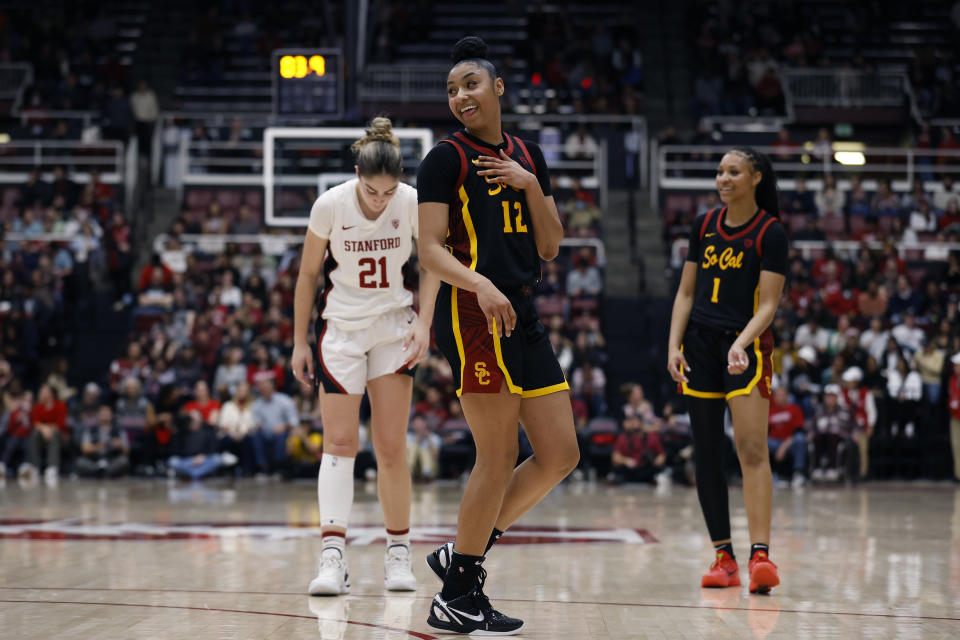 Southern California guard JuJu Watkins (12) celebrates the lead in the second half of an NCAA college basketball game against Stanford on Friday, Feb. 2, 2024 in Stanford, Calif. (AP Photo/Josie Lepe)