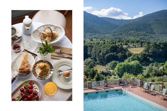 <p>Sivan Askayo</p> From left: Breakfast at Ktima Bellou, a small hotel on Olympus where much of the food is made or grown on-property; Olympus views from the swimming pool at Ktima Bellou.