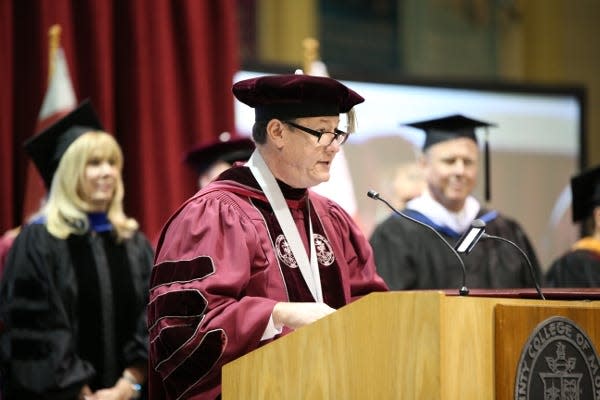 President Anthony Iacono speaks when County College of Morris held its 50th commencement ceremony at the Mennen Arena in Morris Township. May 24, 2019.