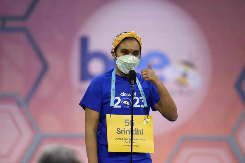 Srinidhi Rao, 13, from Hinsdale, Ill., competes during the Scripps National Spelling Bee, Tuesday, May 30, 2023, in Oxon Hill, Md. (AP Photo/Alex Brandon)
