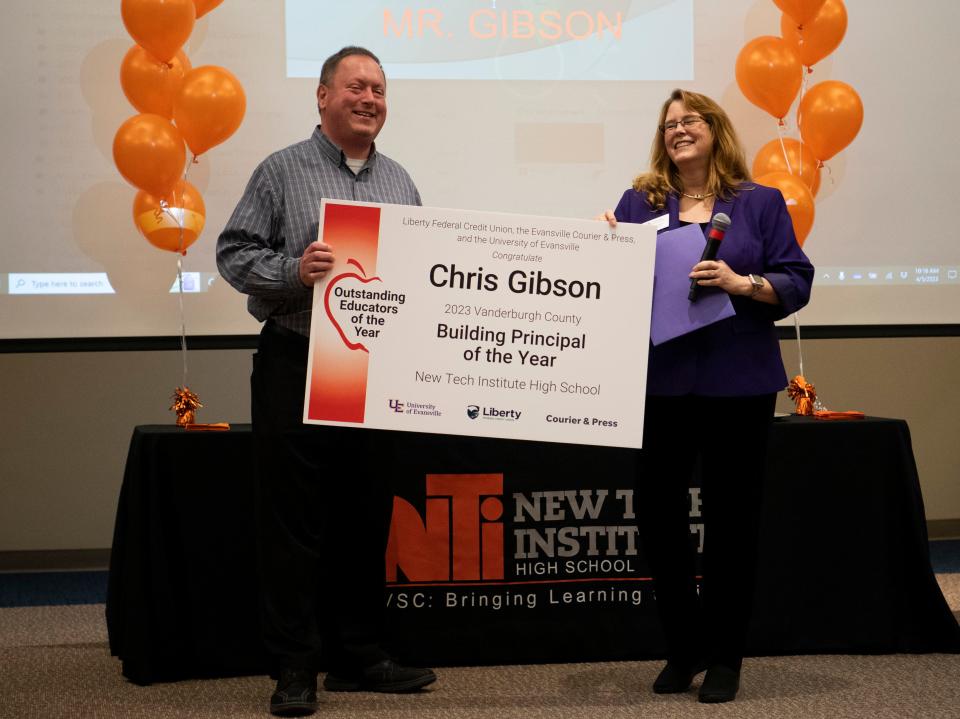 Principal Chris Gibson receives the 2023 Vanderbugh County Building Principal of the Year award at New Tech Institute Wednesday morning, April 5, 2023.