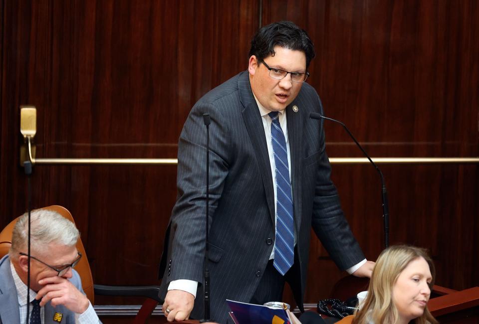 Rep. Ryan Wilcox, R-Ogden, talks about HB1002 Restricted Persons Amendments, which he is sponsoring, during the first special legislative session of 2023 in the House chamber at the Capitol in Salt Lake City on Wednesday, May 17, 2023. | Kristin Murphy, Deseret News