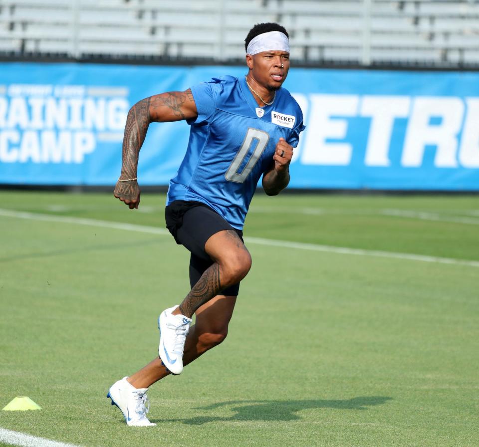 Detroit Lions wide receiver Marvin Jones Jr. runs a route during training camp in Allen Park on Tuesday, July 25, 2023.