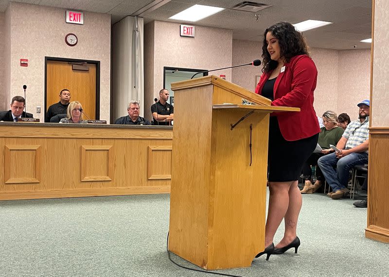 Clovis resident Victoria Robledo speaks in opposition to a proposed city ordinance that would ban abortions during a city commission meeting in Clovis