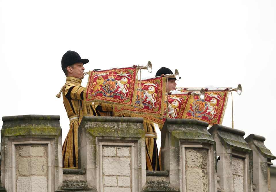 State trumpeters sound a royal salute after the coronation ceremony (Joe Giddens/PA)