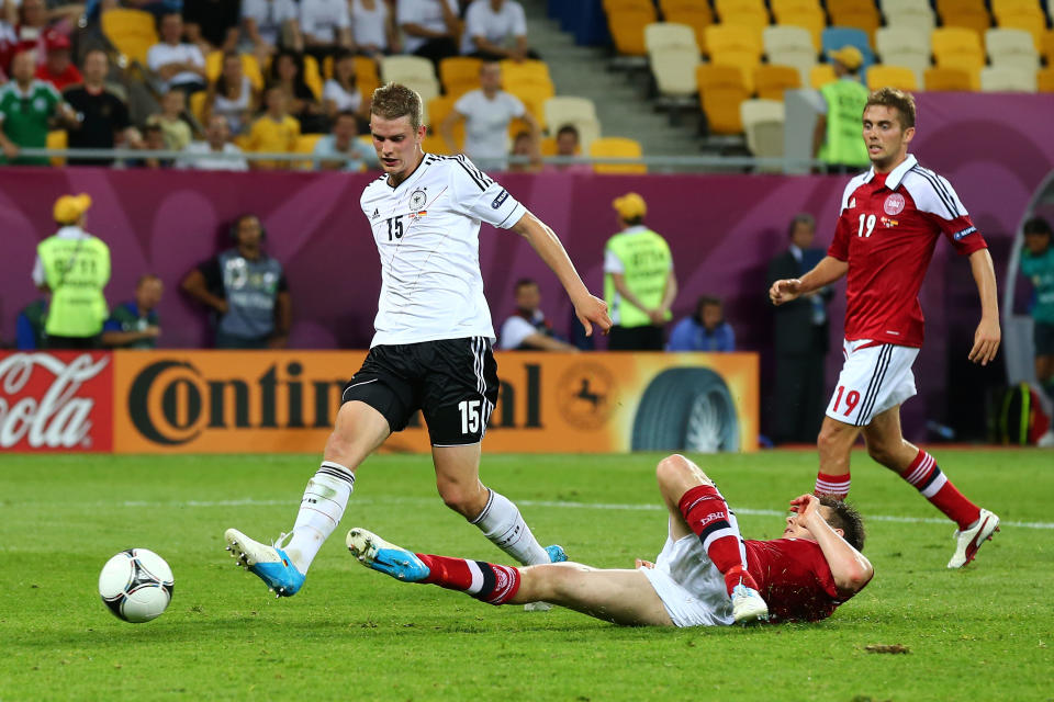 L'VIV, UKRAINE - JUNE 17: Lars Bender of Germany scores their second goal during the UEFA EURO 2012 group B match between Denmark and Germany at Arena Lviv on June 17, 2012 in L'viv, Ukraine. (Photo by Martin Rose/Getty Images)