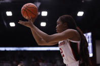 Stanford guard Agnes Emma-Nnopu (2) shoots a 3-point basket during the second half of an NCAA college basketball game against Oregon, Sunday, Jan. 29, 2023, in Stanford, Calif. (AP Photo/Josie Lepe)