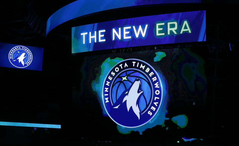 A new Minnesota Timberwolves logo is unveiled on the scoreboard during halftime of the team's NBA basketball game against the Oklahoma City Thunder on Tuesday, April 11, 2017, in Minneapolis. (AP Photo/Jim Mone)