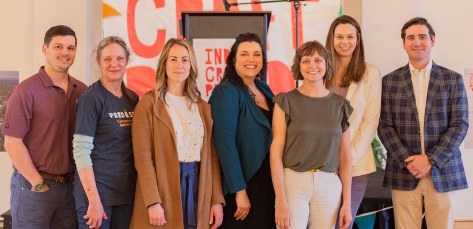 From left, Justin Clements, The Foundry at Judson Mill; Mary Hipp, Feed & Seed; Jennifer Moreau, Makers Collective; Erin Godbey, Makers Collective; Elizabeth Ramos, Makers Collective; Tammy Johnson, Events at Judson Mill; Jonathan G. Taft, Taft Family Ventures.