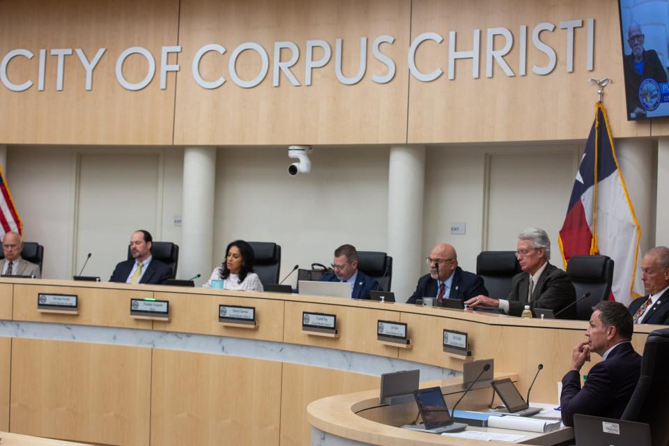 City Manager Peter Zanoni, right, and city council listens to public commenters during a meeting on Tuesday, July 16, 2024, in Corpus Christi, Texas.