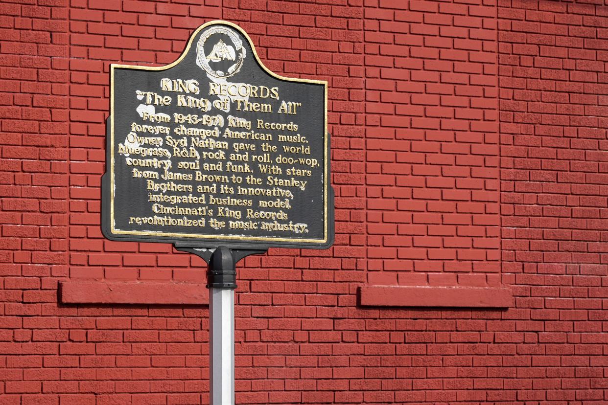 A plaque marks the site of the former King Records studio in Cincinnati. It reads, in part: “Cincinnati’s King Records revolutionized the music industry.”
