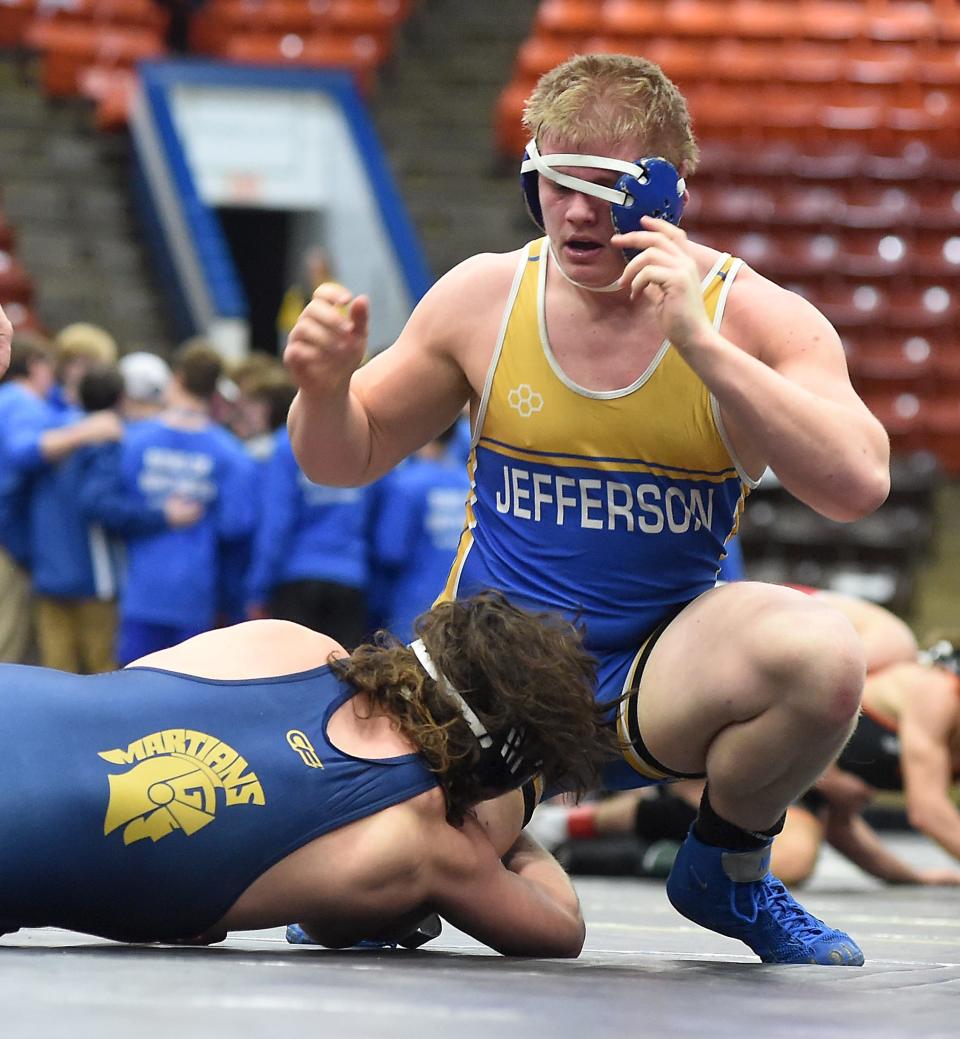 Nathan Masserant of Jefferson pinned Chance Carlson of Goodrich at the 215 pounds in the D2 state quarterfinals at the Wings Event Center in Kalamazoo Friday, February 24, 2023.