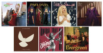 This combination of album covers shows, top row from left, “I Dream of Christmas” by Noraj Jones, “Hell of a Holiday” by Pistol Annies, “Happiness Is... Christmas” by Kristin Chenoweth, “When Christmas Comes Around…” by Kelly Clarkson, bottom row from left, “O Come All Ye Faithful” by Hiss Golden Messenger, “For Christmas” by Amanda Shires and "Evergreen" by Pentatonix. (Blue Note/Sony Music Nashville/Concord/Atlantic/Merge/Thirty Tigers/RCA via AP)