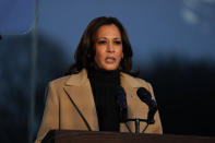 Vice President-elect Kamala Harris speaks during a COVID-19 memorial Tuesday, Jan. 19, 2021, in Washington. (AP Photo/Evan Vucci)